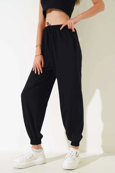 İki İp Paça Lastikli Jogger Pantolon Siyah - Resim 2