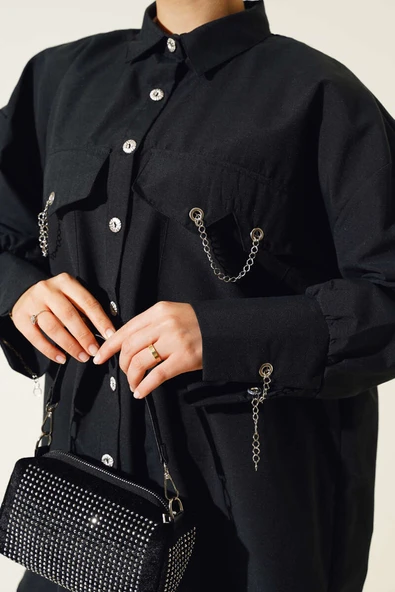 Cep ve Manşet Zincirli Gömlek Siyah - 4