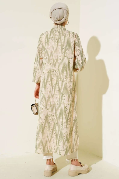 Desenli Metal Düğmeli Uzun Gömlek Yeşil - Resim 3