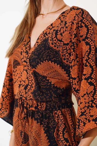 Desenli V Yaka Crop İkili Takım Taba - Resim 4