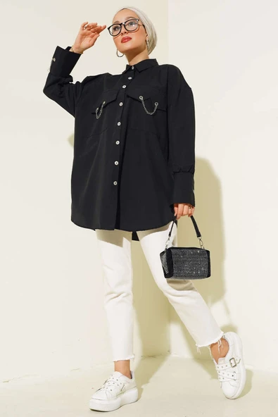 Cep ve Manşet Zincirli Gömlek Siyah - 2