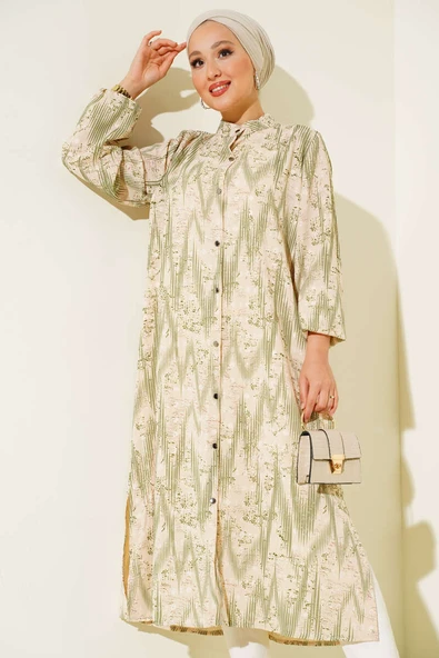 Desenli Metal Düğmeli Uzun Gömlek Yeşil ürün görseli 1