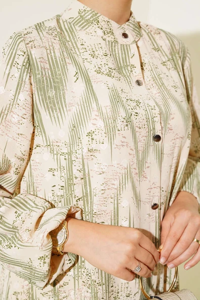 Desenli Metal Düğmeli Uzun Gömlek Yeşil - Resim 4