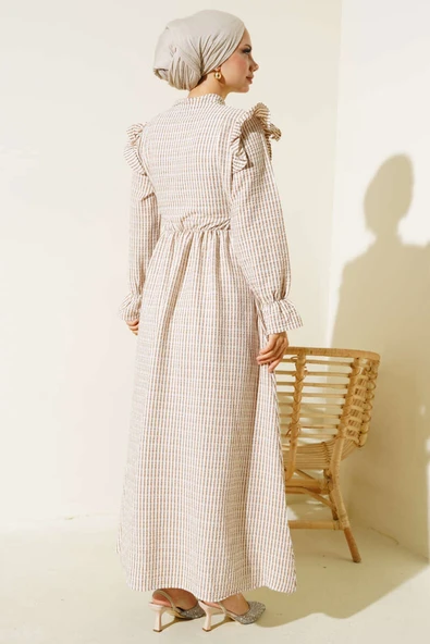 Beli İpli Çizgili Elbise Latte - Resim 3