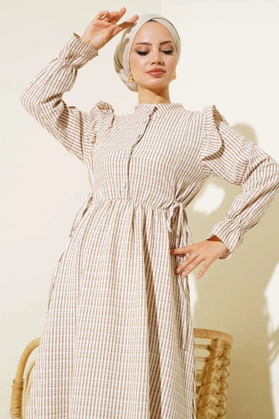Beli İpli Çizgili Elbise Latte - Resim 2