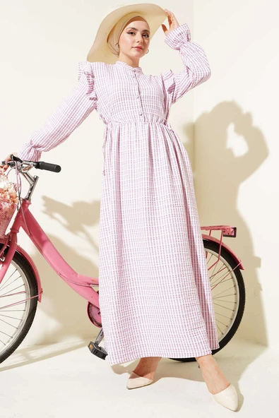 Beli İpli Çizgili Elbise Pembe