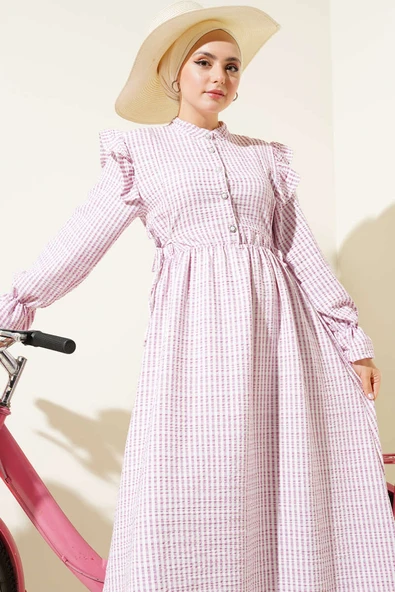 Beli İpli Çizgili Elbise Pembe - Resim 2