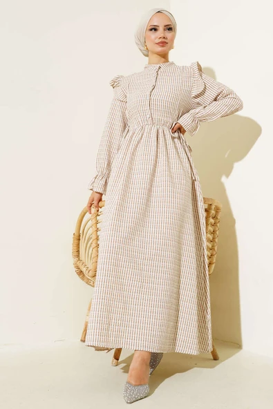 Beli İpli Çizgili Elbise Latte ürün görseli 1