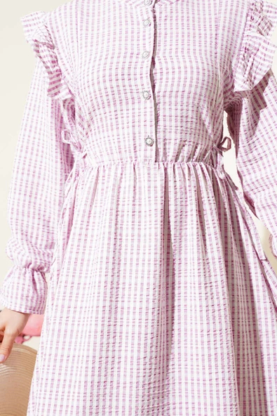 Beli İpli Çizgili Elbise Pembe - Resim 4
