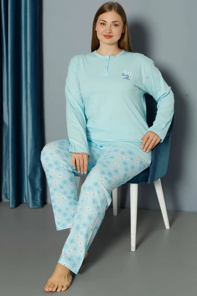 Uzun Kollu Çiçekli Büyük Beden Pijama Takımı Mint ürün görseli 1