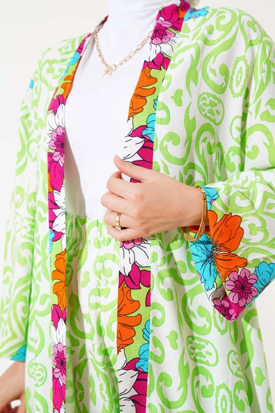 Kol Lastikli Salaş Kimono Takım Fıstık Yeşili - 4