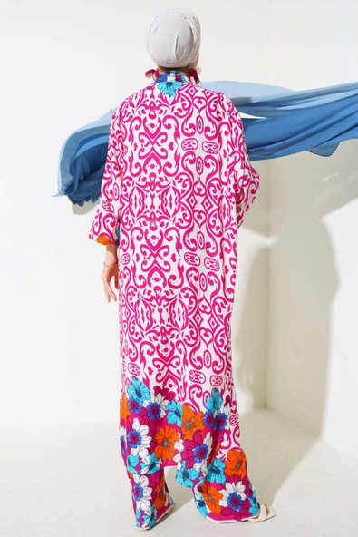 Kol Lastikli Salaş Kimono Takım Fuşya - Resim 3