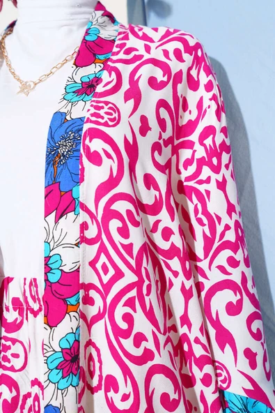 Kol Lastikli Salaş Kimono Takım Fuşya - Resim 4