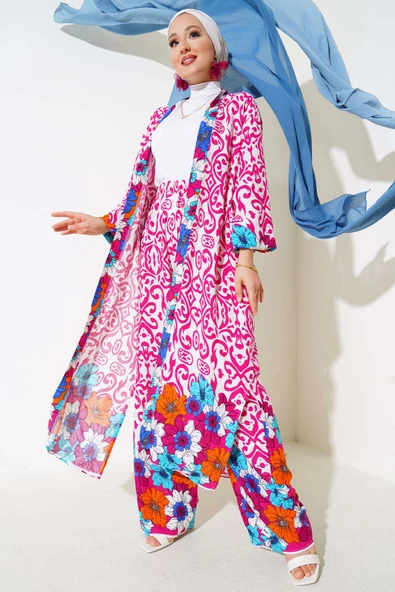 Kol Lastikli Salaş Kimono Takım Fuşya ürün görseli 1