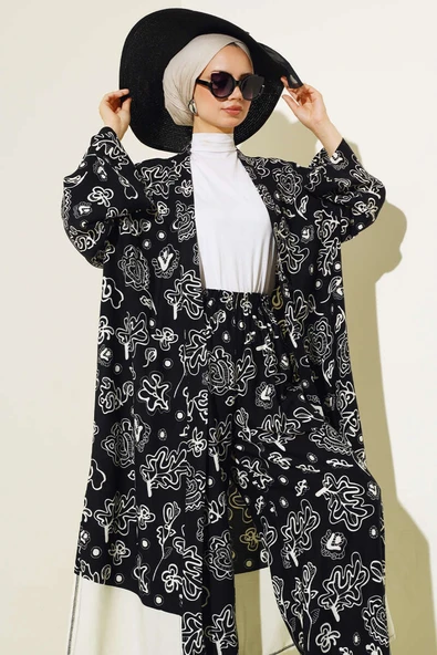 Etnik Desen Kimono İkili Takım Siyah Desenli - Resim 2