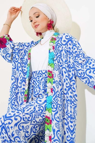 Kol Lastikli Salaş Kimono Takım Saks - Resim 2