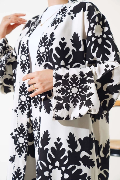 Etnik Desen Kimono İkili Takım Siyah Beyaz - 4