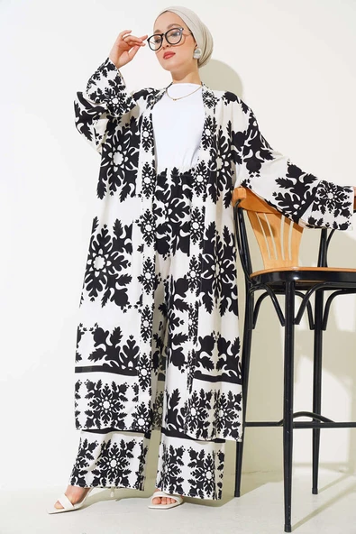 Etnik Desen Kimono İkili Takım Siyah Beyaz ürün görseli 1