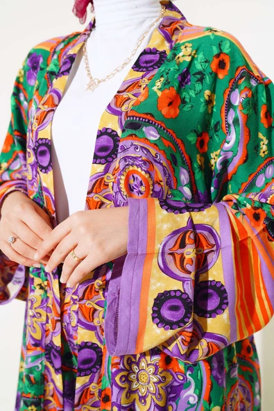 Etnik Desen Kimono İkili Takım Zümrüt Yeşili - Resim 4