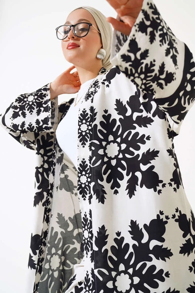 Etnik Desen Kimono İkili Takım Siyah Beyaz - 2
