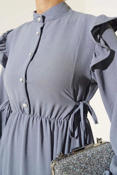 Bel Lastikli Ayrobin Elbise Kayrak Grisi - Resim 4