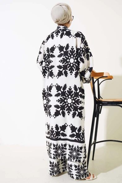 Etnik Desen Kimono İkili Takım Siyah Beyaz - Resim 3