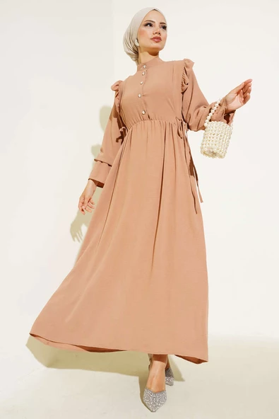 Bel Lastikli Ayrobin Elbise Camel