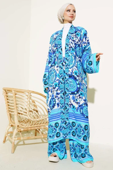 Etnik Desen Kimono İkili Takım Mavi - 2