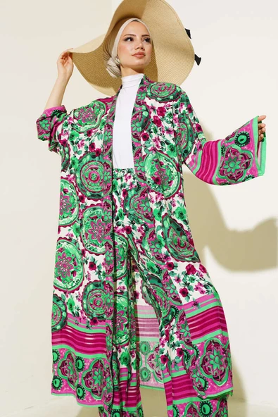 Etnik Desen Kimono İkili Takım Yeşil Fuşya - 2