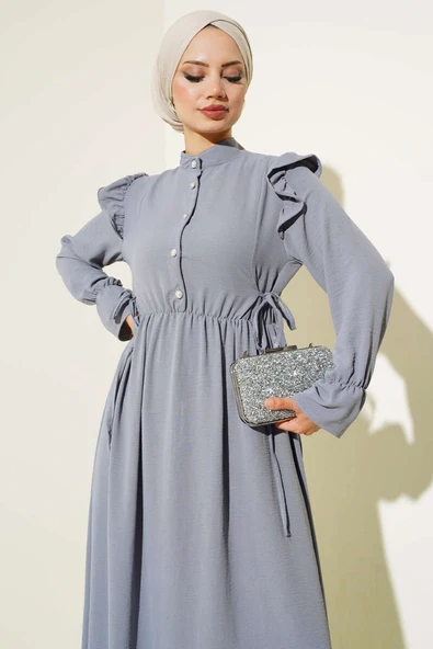 Bel Lastikli Ayrobin Elbise Kayrak Grisi - Resim 2