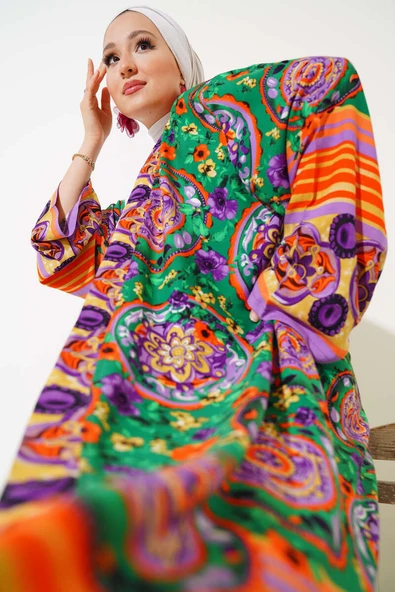 Etnik Desen Kimono İkili Takım Zümrüt Yeşili - Resim 2