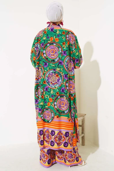Etnik Desen Kimono İkili Takım Zümrüt Yeşili - Resim 3