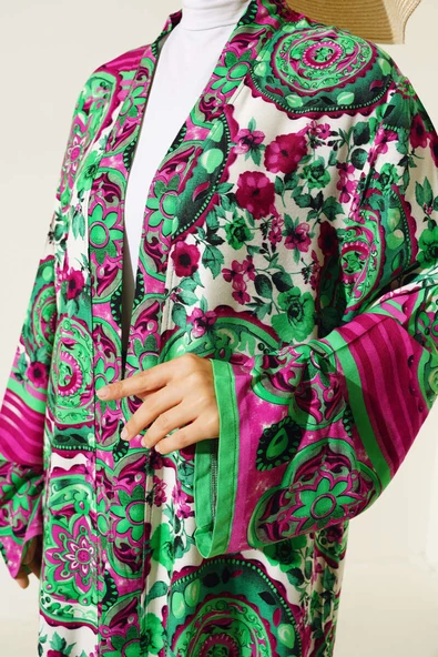 Etnik Desen Kimono İkili Takım Yeşil Fuşya - 4