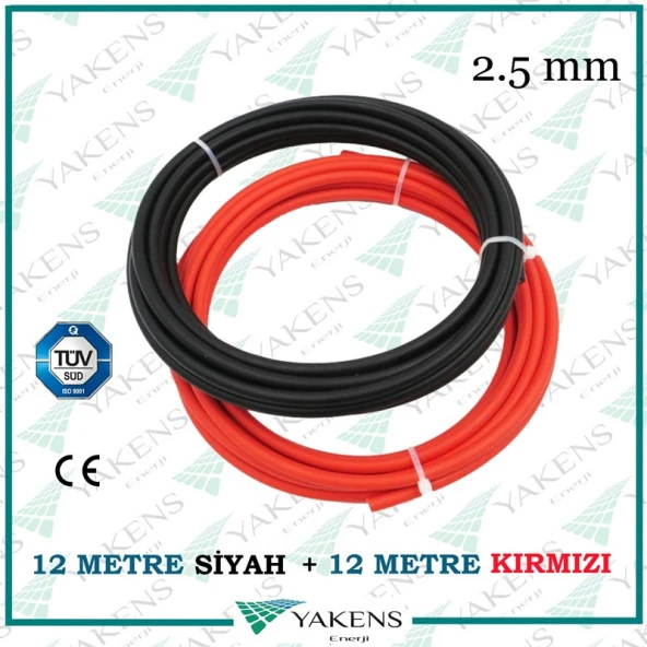Solar Kablo (12m+12m) 2.5 mm Güneş Paneli Kablo Seti Siyah Kırmızı ürün görseli