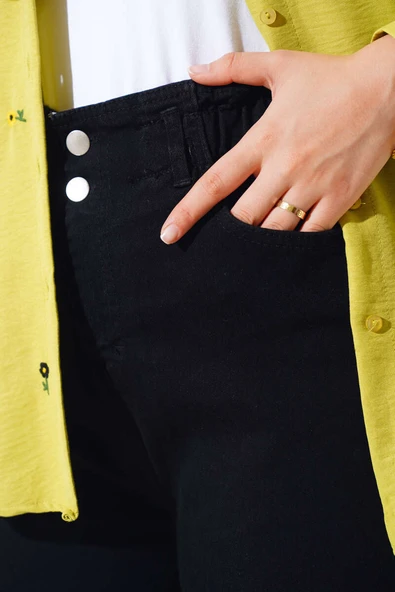 Bel Lastikli Çift Düğmeli Kot Pantolon Siyah - Resim 4