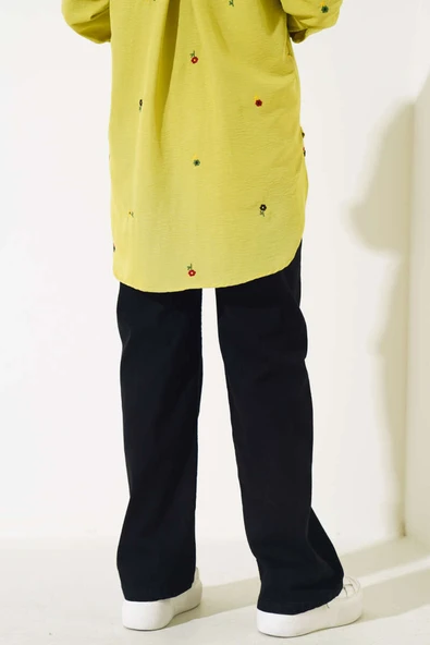 Bel Lastikli Çift Düğmeli Kot Pantolon Siyah - Resim 3