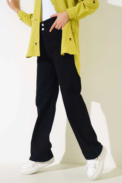 Bel Lastikli Çift Düğmeli Kot Pantolon Siyah ürün görseli 1