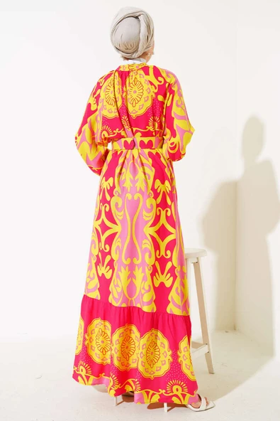 Kemerli Desenli Boydan Düğmeli Elbise Fuşya - Resim 3