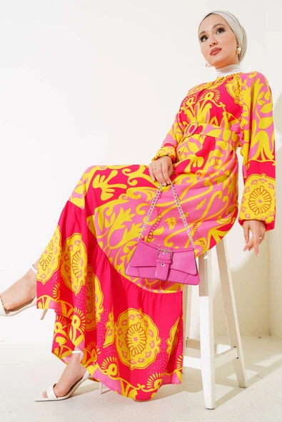 Kemerli Desenli Boydan Düğmeli Elbise Fuşya ürün görseli 1