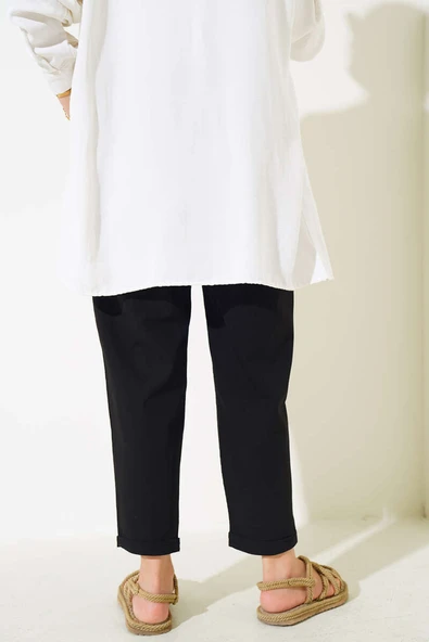Beli Lastikli Keten Pantolon Siyah - Resim 3