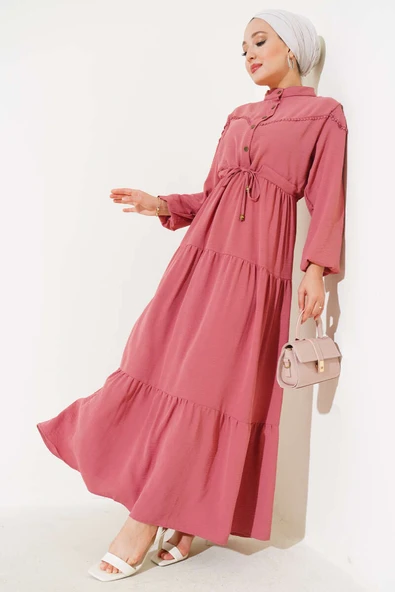 Önü Yarım Düğmeli Kat Kat Elbise Pers Gülü ürün görseli 1