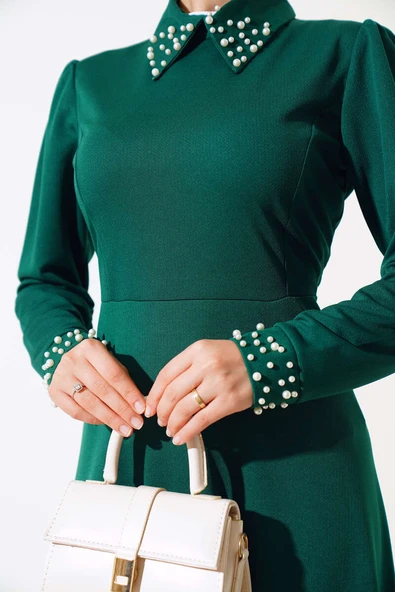 Kol Yaka İncili Elbise Zümrüt - Resim 4