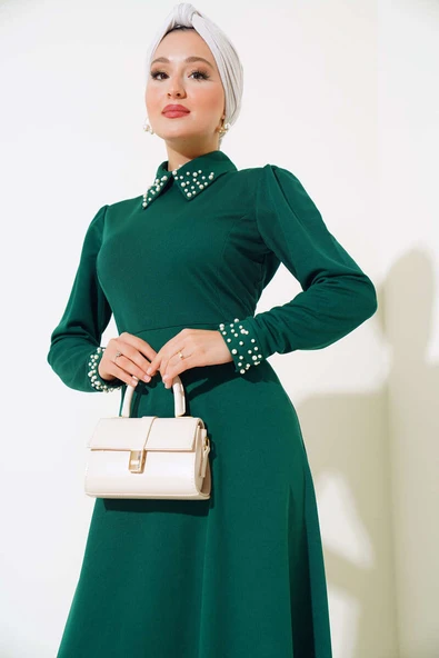 Kol Yaka İncili Elbise Zümrüt - Resim 2