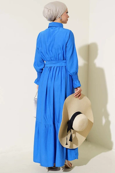 Bileği Gipeli Kuşaklı Elbise Saks - Resim 3