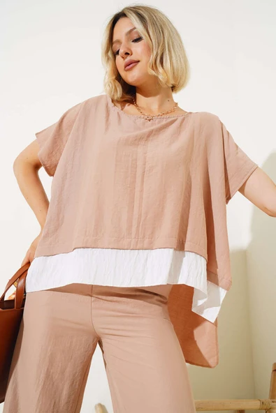 Gömlek Garnili Kısa Kol İkili Takım Latte - 2