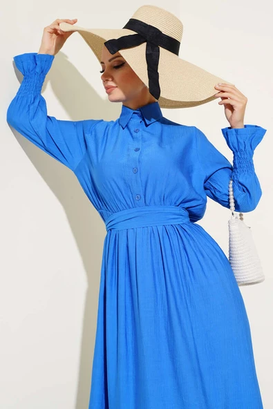 Bileği Gipeli Kuşaklı Elbise Saks - Resim 2