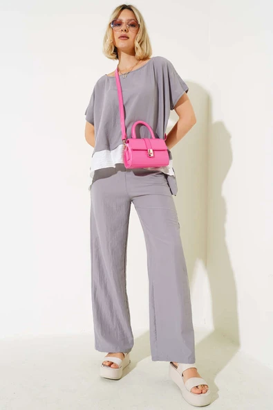 Gömlek Garnili Kısa Kol İkili Takım Kayrak Grisi