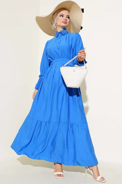 Bileği Gipeli Kuşaklı Elbise Saks ürün görseli 1