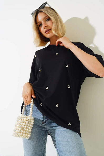 İnci Taşlı T-shirt Siyah - Resim 2
