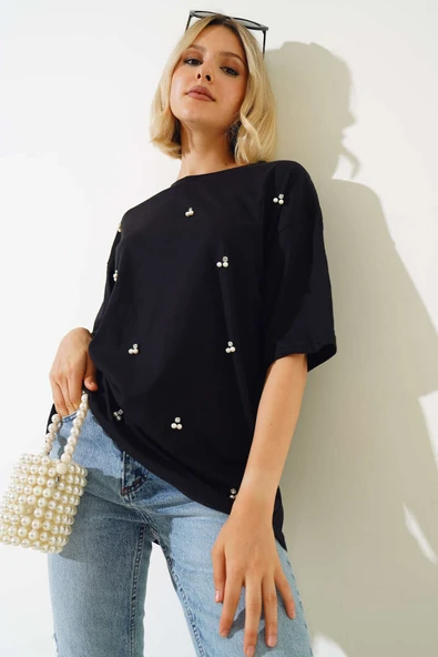 İnci Taşlı T-shirt Siyah ürün görseli 1